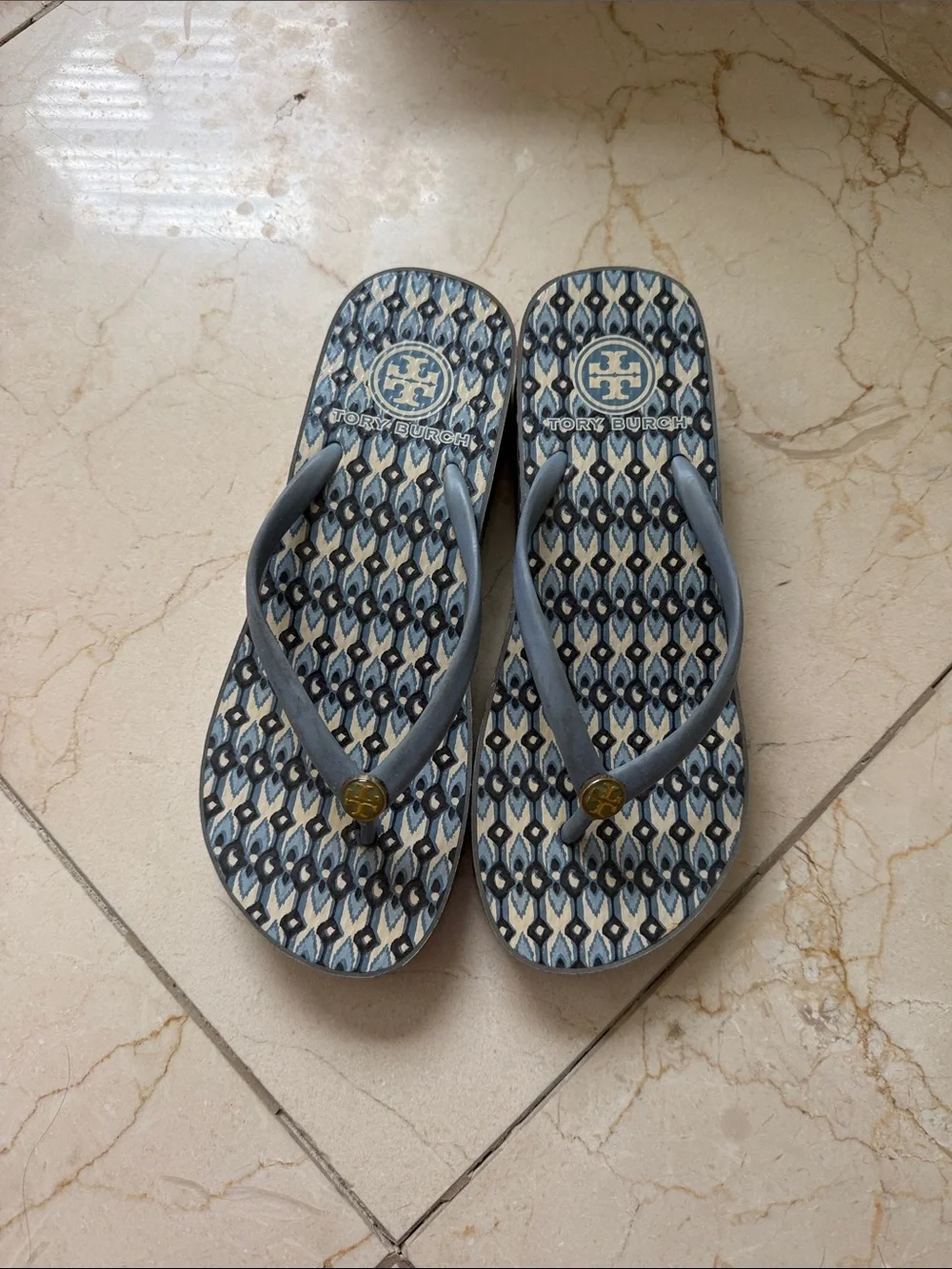 Tory Burch Blue and Cream Geometric Flip Flops with Gold Logo